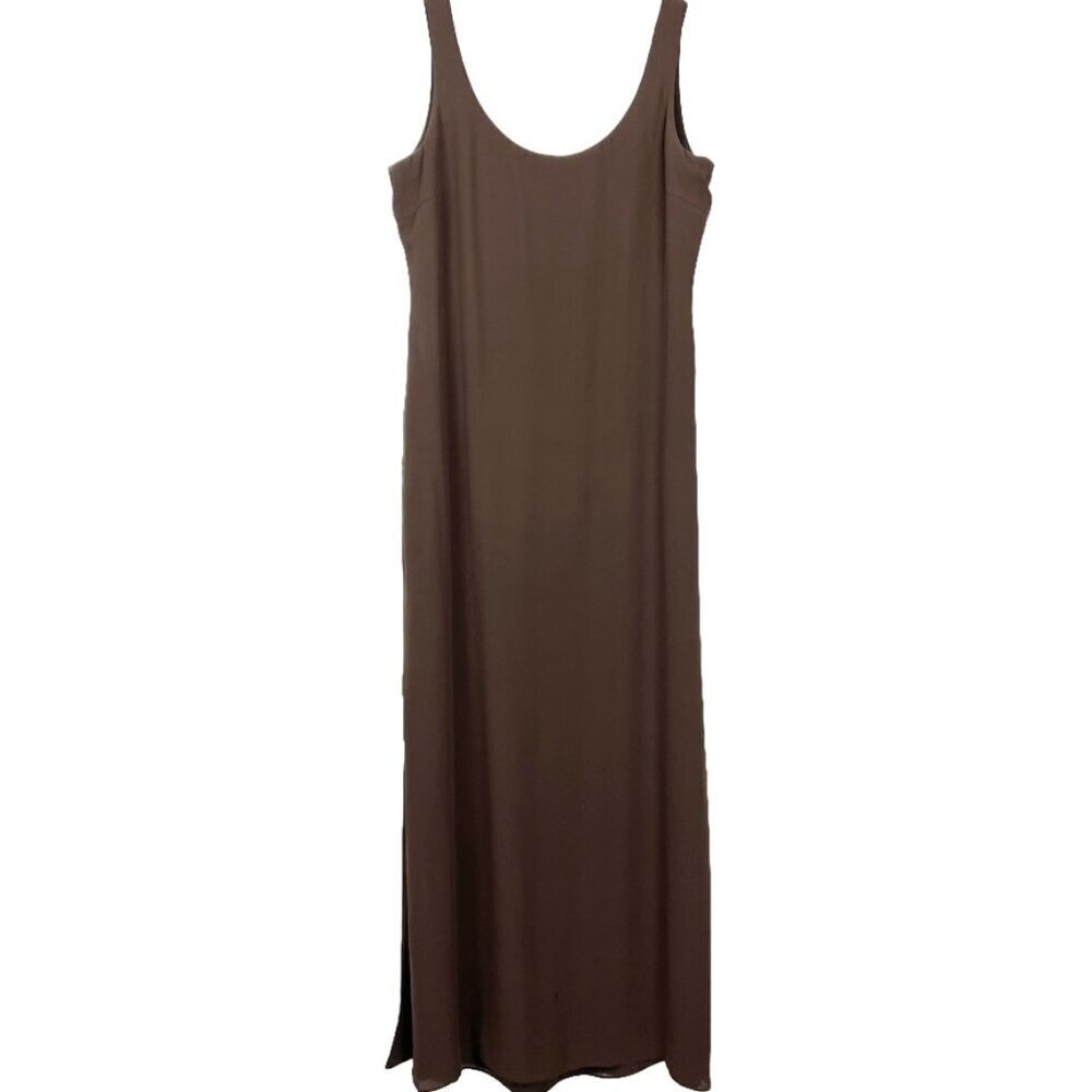 Kay Unger Maxi Dress Womens 10 Brown 100% Silk Scoop Neck Side Slit Classic Tank